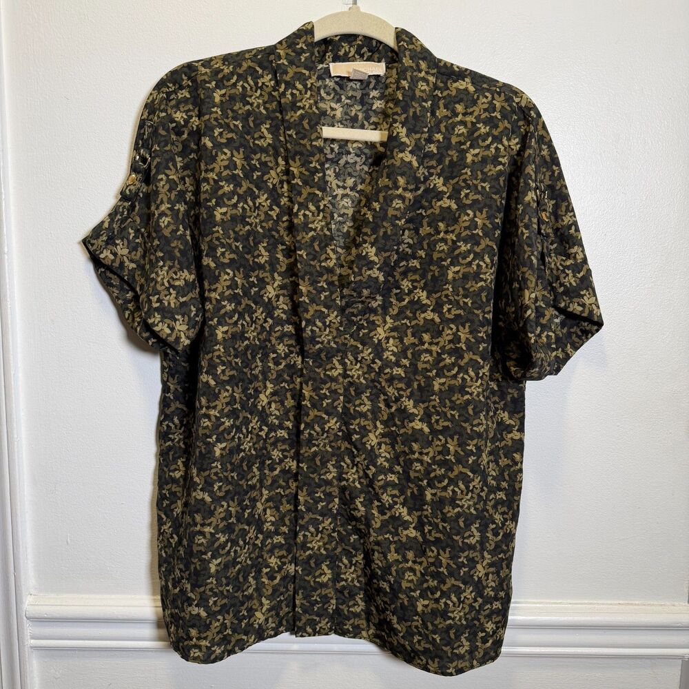 MICHAEL Michael Kors Floral Blouse L Black Olive Roll Tab Sleeve Gold Hardware